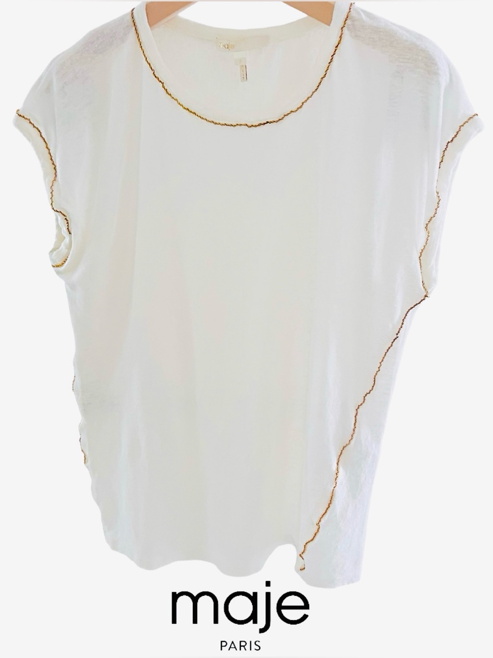 Maje 100% Linen Top with Brass Chain Trim, Maje FR Sz 2 / US Medium Oyster White